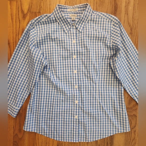 LL Bean Wrinkle-Free Button-Up Plaid Blouse with 3/4 Sleeves 100% Cotton Medium - Picture 2 of 6
